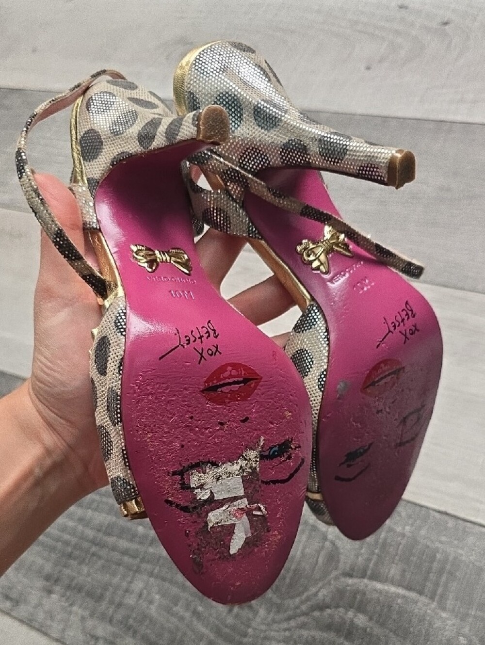 Betsy Johnson Polka Dot Gold Peep-Toe Heels Size 10 - Picture 2 of 5